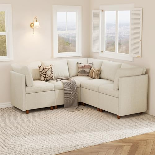SITJOY Breakfast Nook Bench with Storage, Modular Corner Kitchen Banquette Seating, Dining Settee Couch, Upholstered Dining Bench with Back, Soft-to-Touch Fabric in Beige, 5-Seat L Shaped Booth | Amazon (US)