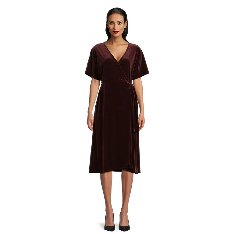 Time and Tru Women's Velvet Wrap Midi Dress with Short Sleeves, Sizes XS-XXXL | Walmart (US)