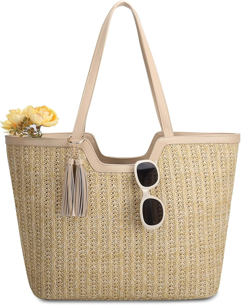VASCHY Straw Beach Tote Bag for Women, Cute Trendy Woven Crochet Raffia Summer Shoulder Handbags ... | Amazon (US)