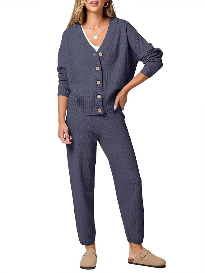 ANRABESS Women 2 Piece Lounge Sets 2025 Fall Outfits Casual Waffle Knit Cardigan Sweater Pant Set... | Amazon (US)