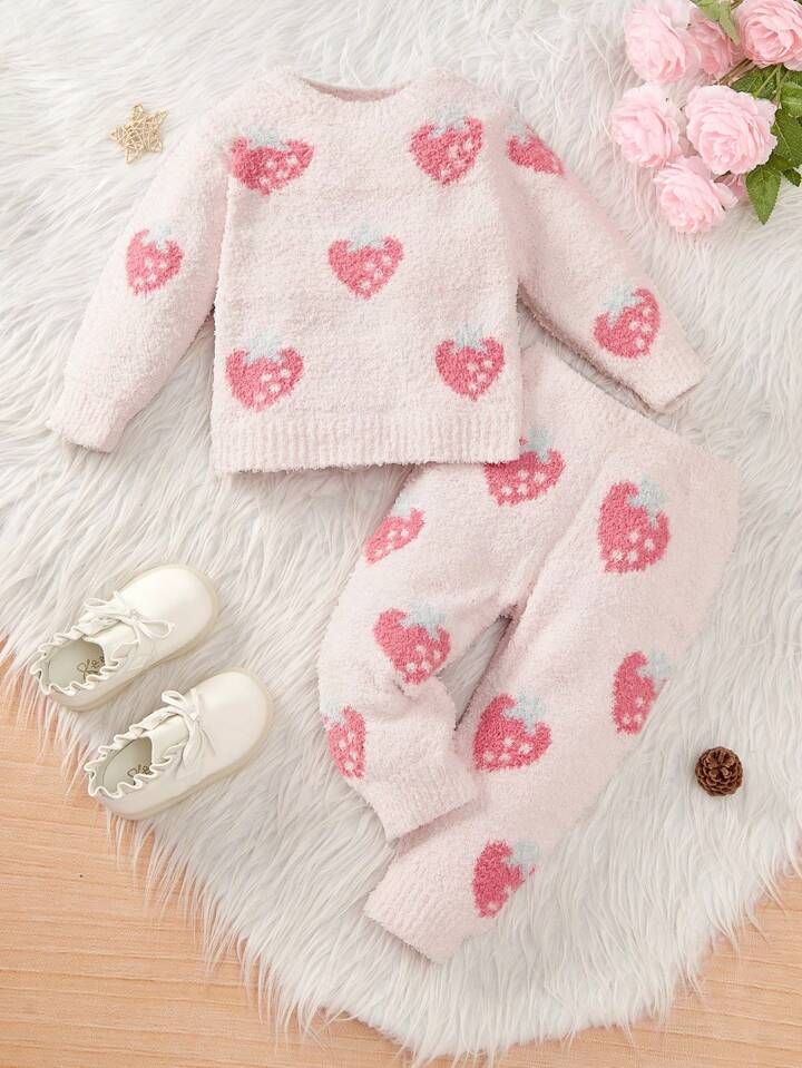 Baby Girl Strawberry Pattern Sweater & Knit Pants | SHEIN