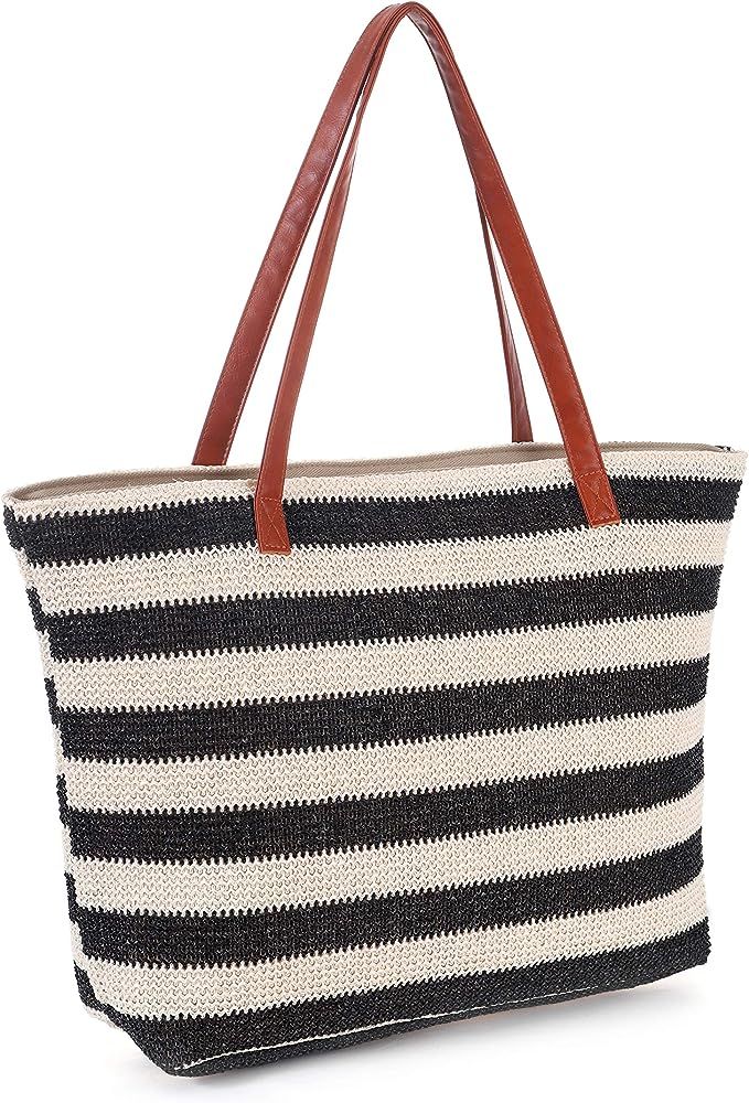 Large Stripe and Stitchwork Straw Tote Beach Bag with Zipper | Amazon (US)