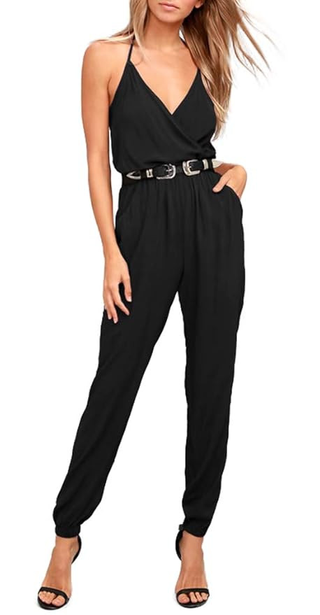 ZJCT Womens V Neck Jumpsuits Summer Casual Spaghetti Strap Sleeveless Elastic Waist Playsuit Romp... | Amazon (US)