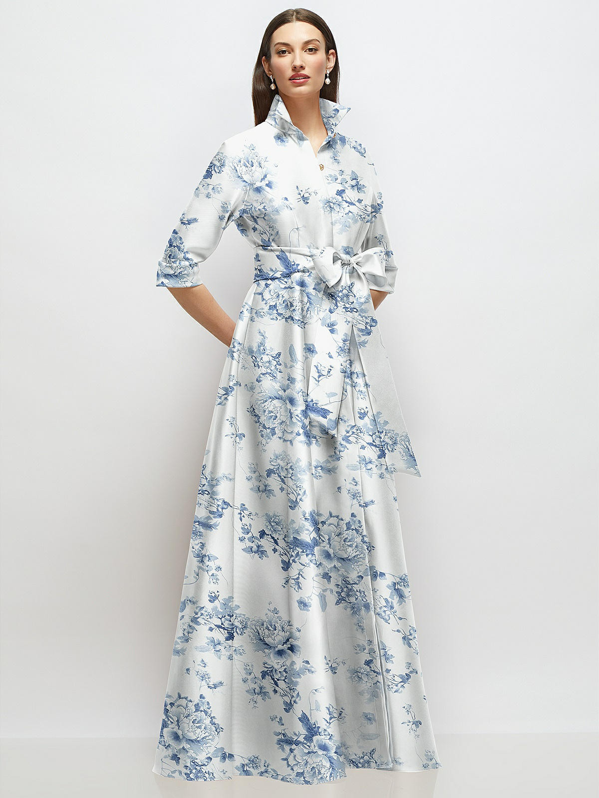 3/4 Sleeve Floral Satin Shirt Dress Gown with Sash and Jeweled Buttons in Cottage Rose Larkspur | Dessy Group