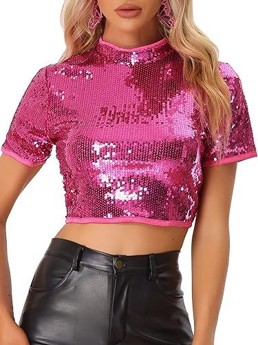 Allegra K Women's Sequin Crop Top Sparkle Glitter Short Sleeve Shinning T Shirt Club Blouse | Amazon (US)
