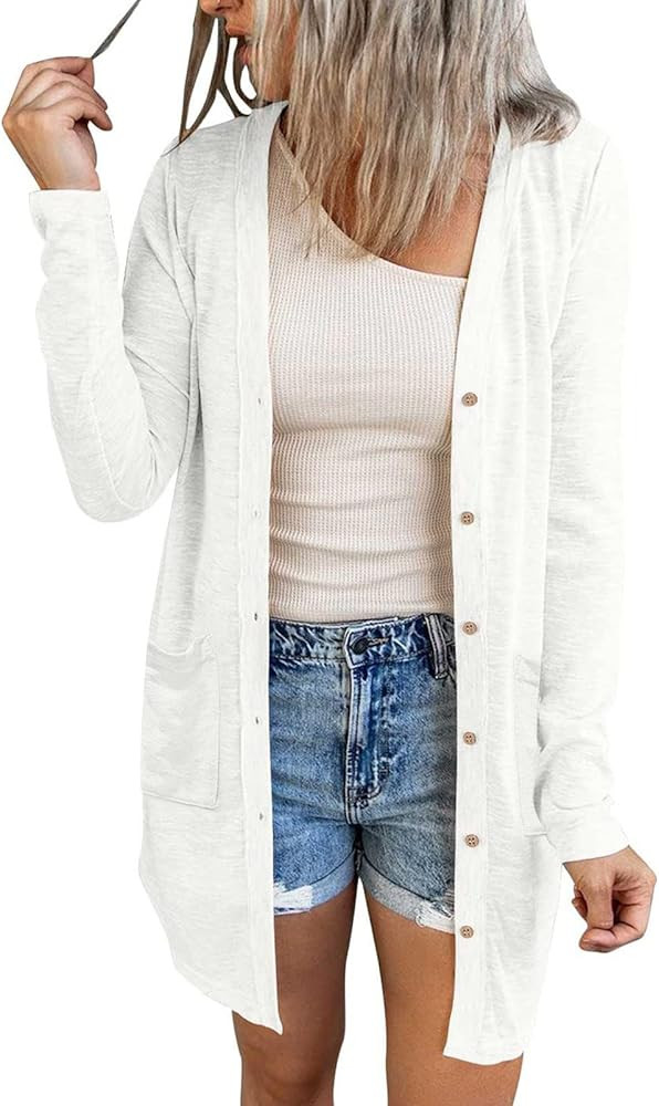 MEROKEETY Women's Lightweight Cardigan Summer Long Open Front Button Down Trendy Loose Outwear wi... | Amazon (US)