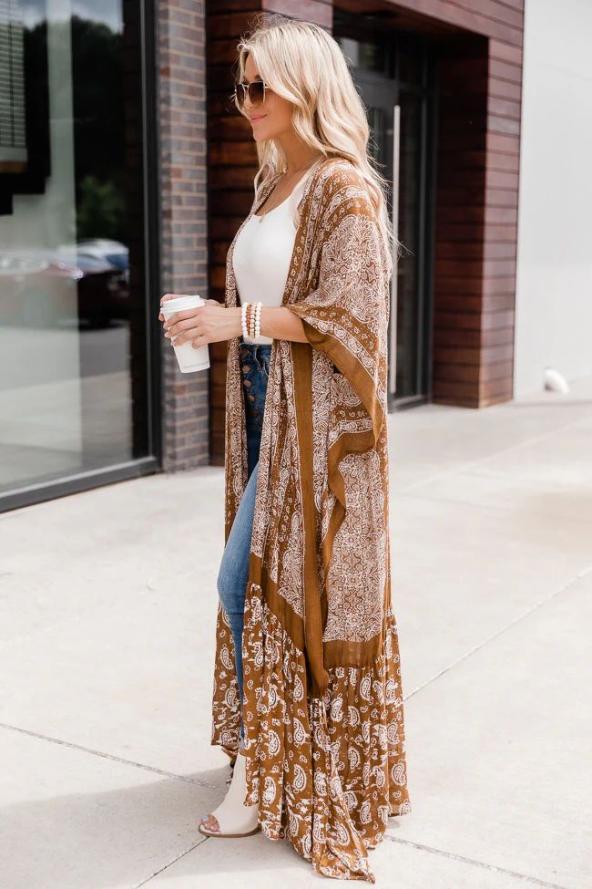 In High Spirits Brown Paisley Maxi Kimono | The Pink Lily Boutique