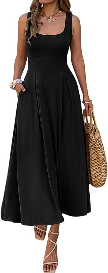 Mieazom Women's Summer Sleeveless Empire Maxi Dress Square Neck A-Line Pleated Flowy Elegant Casu... | Amazon (US)