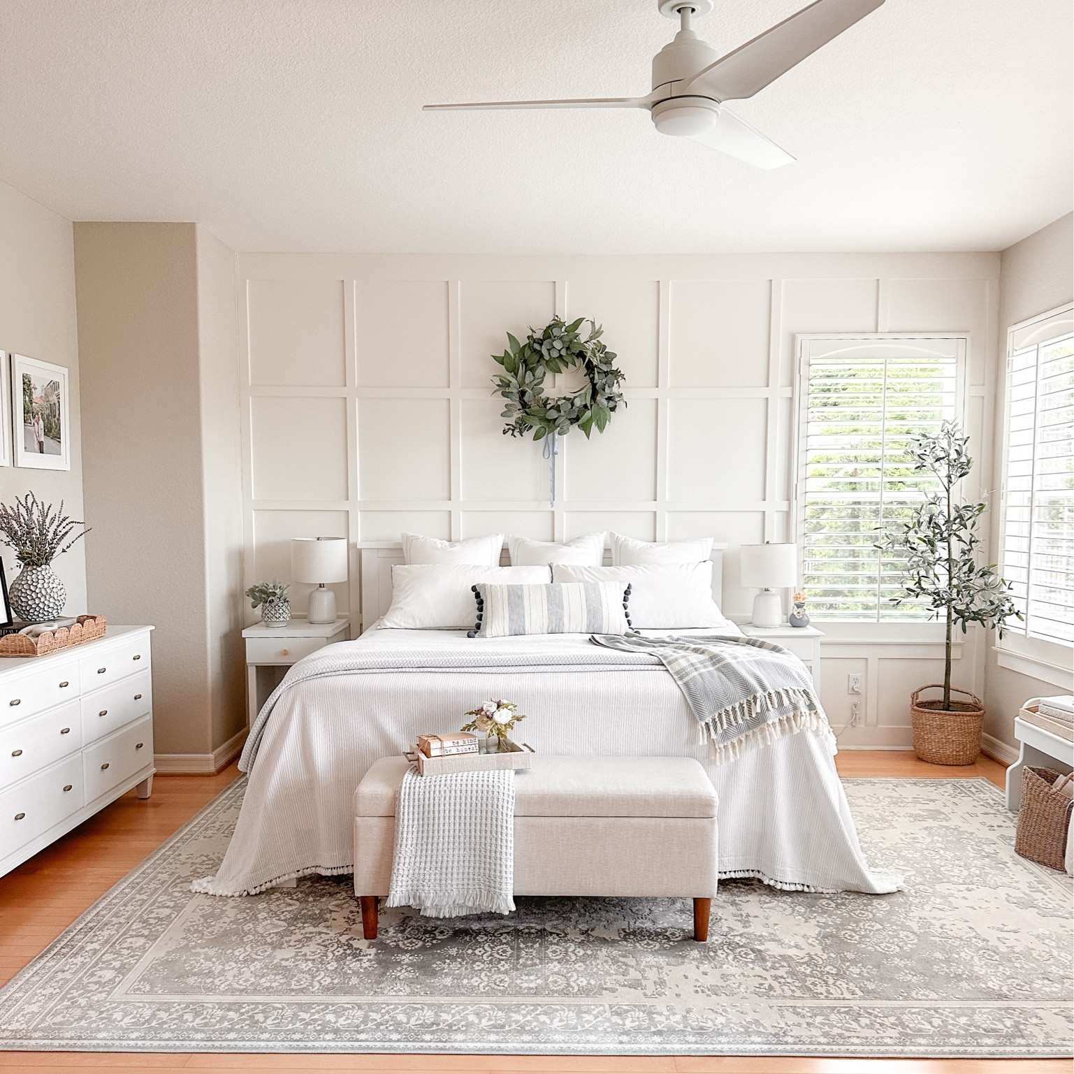 Cozy summer bed with bench at foot of bed & light summer bedding 😎.  

#LTKsalealert #LTKhome #LTKSeasonal