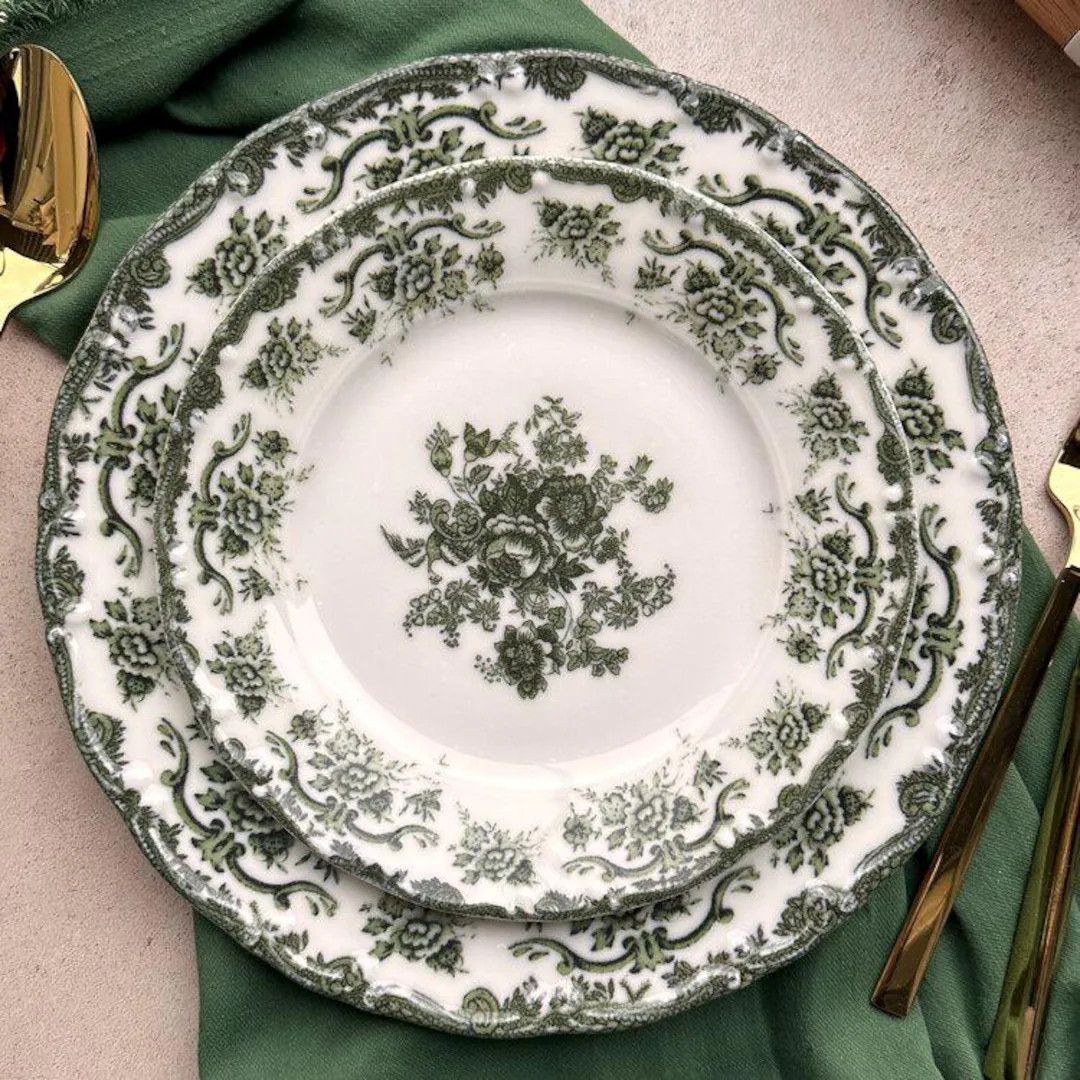 Porcelain Dinnerware Set Antique Green 24-Piece | 6 Person Premium Floral Plates & Bowls | Etsy (US)