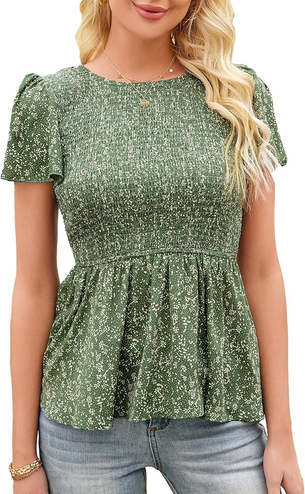 SDEER Women's Floral Print Shirt Blouses Smock Ruffle Short Sleeve Babydoll Flowy Blouse Tops | Amazon (US)