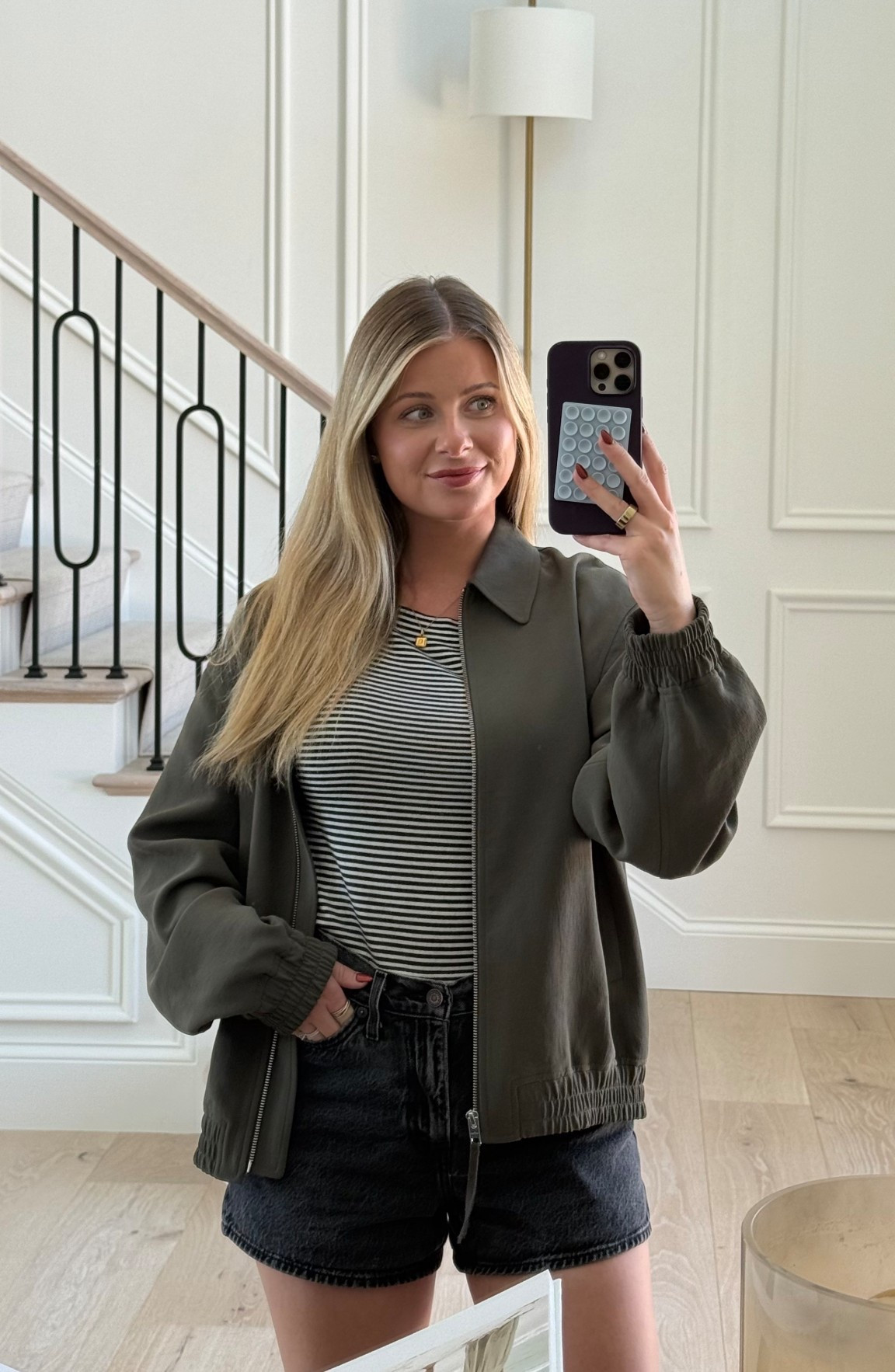 Casual fall transitional outfit / Aritzia, Madewell top is on sale! Denim shorts. 
Jacket: small
Striped tank: small
Shorts: true to size 


#LTKFindsUnder100 #LTKStyleTip #LTKSeasonal