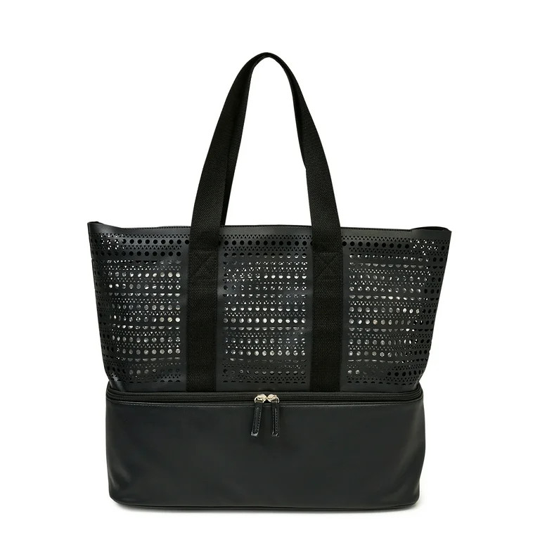 No Boundaries Women’s Zip Bottom Beach Tote Handbag, Black Perforated | Walmart (US)