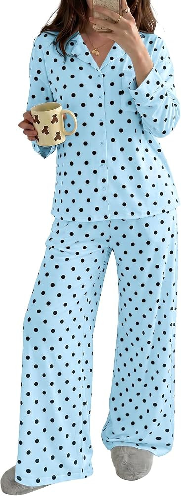 Pjs, Polka Dot, Fruit Print, Wide Leg, Loose Fit, Lapel Collar, Night Suit, Cute Sleepwear | Amazon (US)