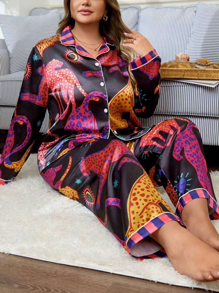 Plus Size Leopard Stripe Contrasting Color Satin Shirt & Pants Sleepwear Set ,Vacation | SHEIN