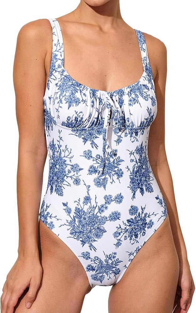 BERLOOK Traje de baño sexy floral de una pieza para mujer, con lazo, adelgazante, traje de baño... | Amazon (US)