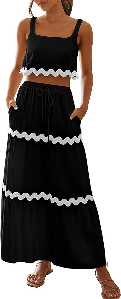 BTFBM Women Summer 2 Piece Beach Vacation Outfits Casual Sleeveless Crop Tops High Waisted Maxi S... | Amazon (US)