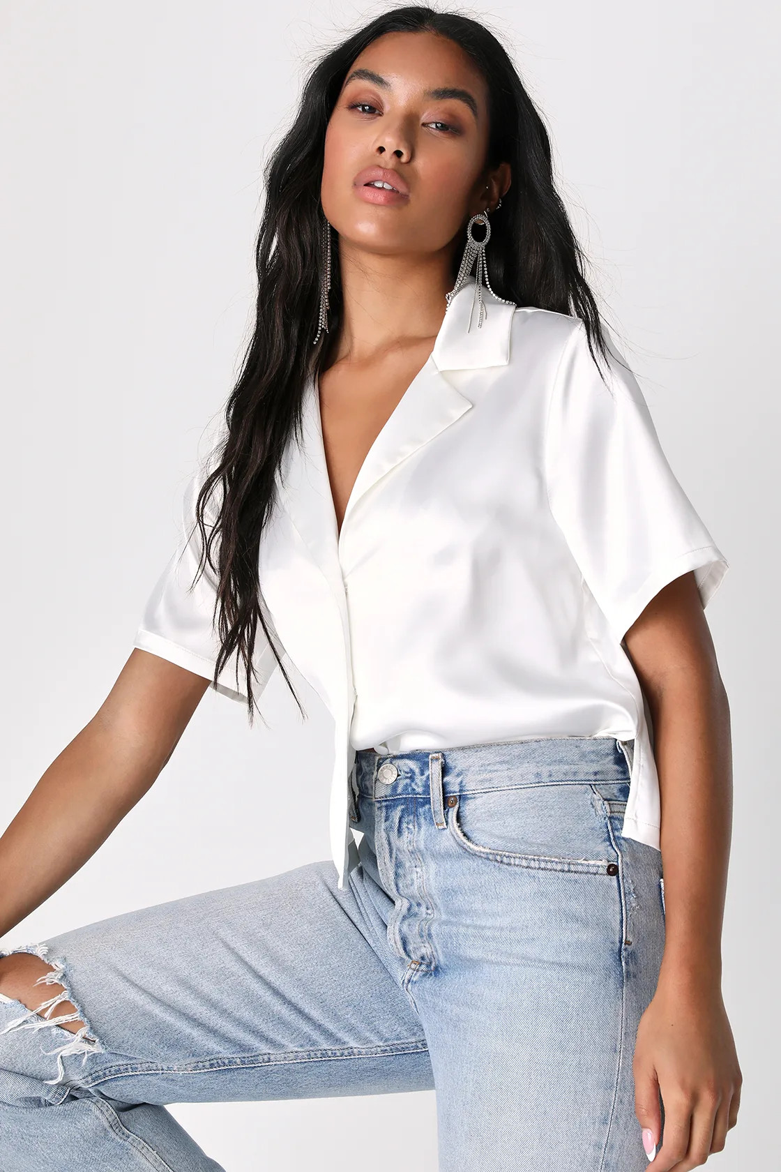 C'est La Vie White Satin Short Sleeve Button-Up Top | Lulus (US)