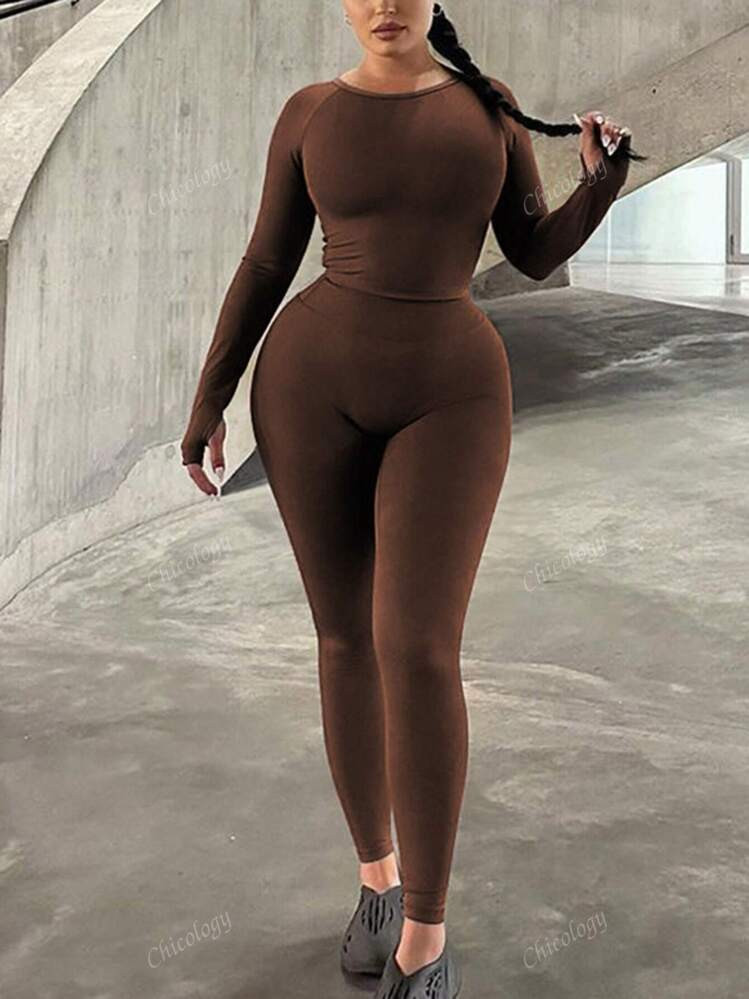 2pcs Women's Solid Color Crew Neck Long Sleeve T-Shirt And Leggings Simple Outfit, Spring/Summer | SHEIN