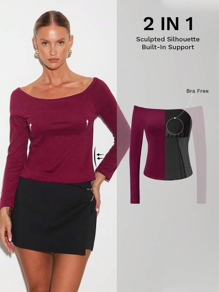 Nuvra Women's Regular Burgundy Camisole Long Sleeve T-Shirt | SHEIN