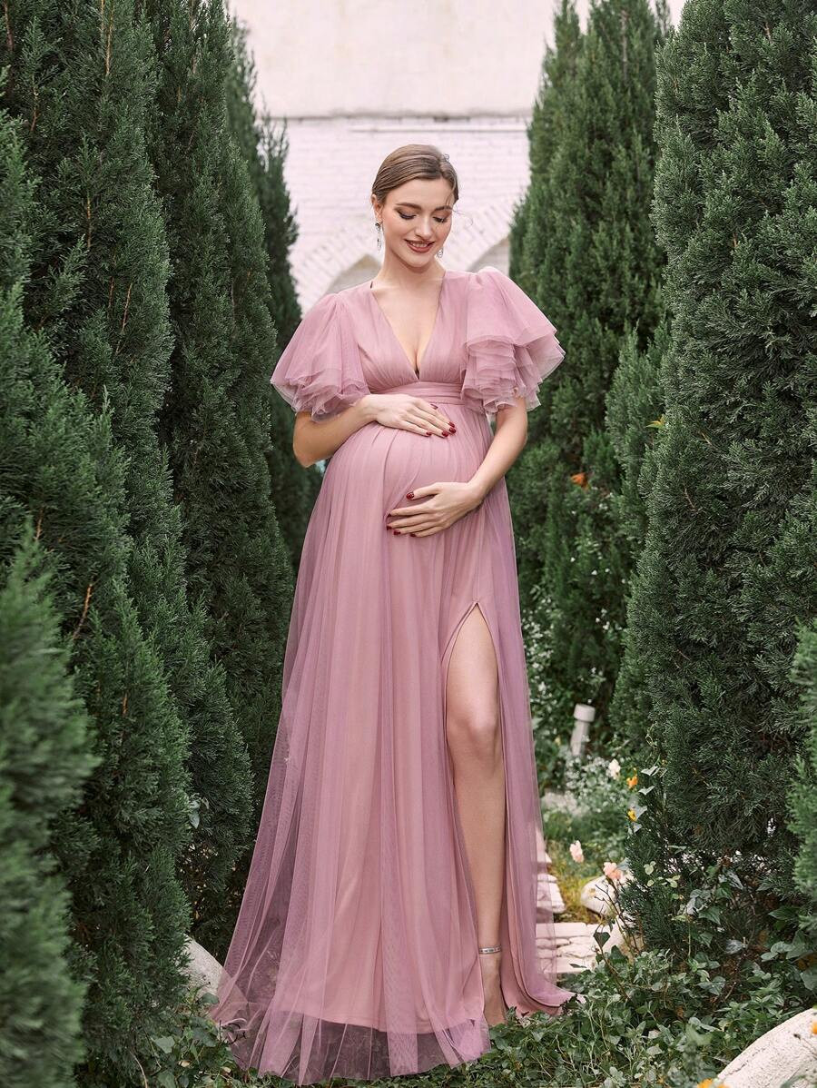 Maternity Plunging Neck Butterfly Sleeves Mesh Formal Party Dress | SHEIN