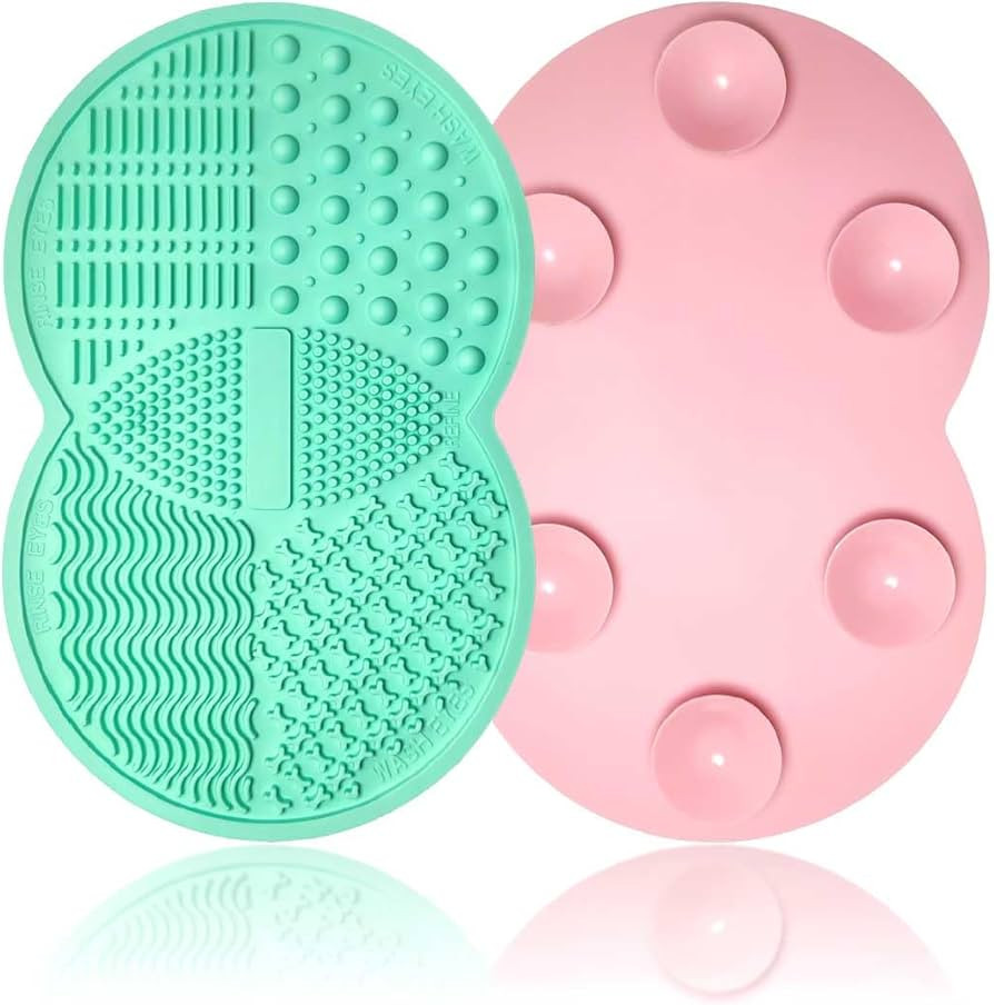 2 Pcs Makeup Brush Cleaning Mat, Silicone Makeup Brush Cleaner with Back Suction Cups(Green and P... | Amazon (US)