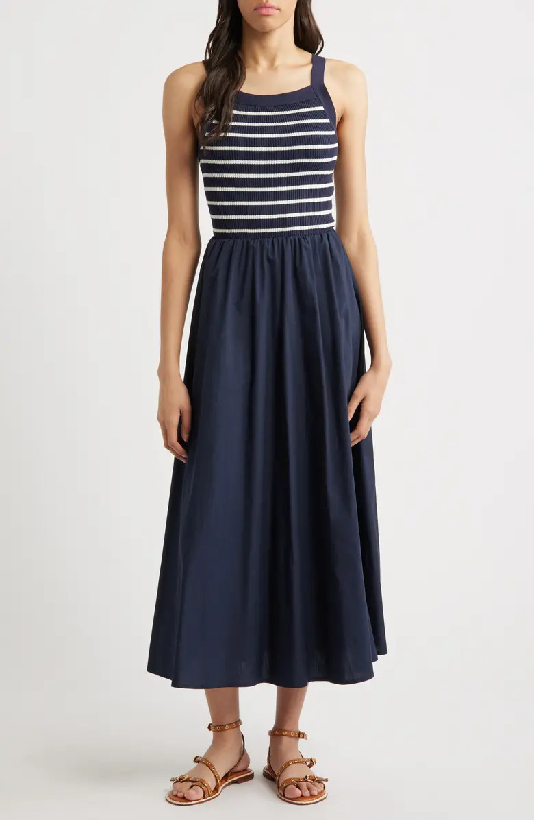 MOON RIVER Stripe Bodice Mixed Media Midi Dress | Nordstrom | Nordstrom