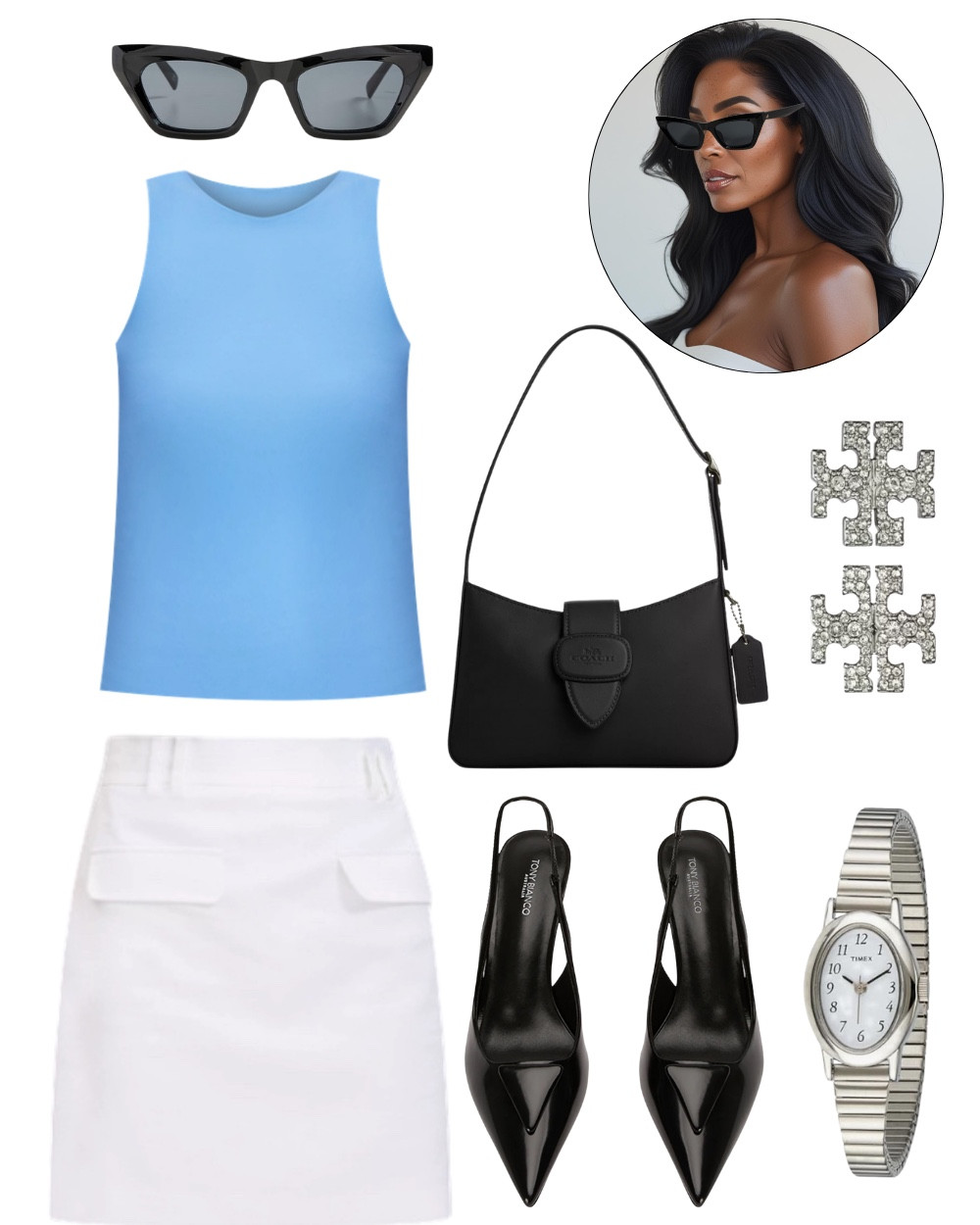 This clean + bold summer look from my capsule wardrobe curation is built around two power pieces: a sky blue sleeveless top and a structured white mini skirt.
Paired with pointed toe slingback pumps, a classic Coach black shoulder bag, and retro black cateye sunglasses, this outfit brings serious polish to everyday style.

#LTKShoeCrush #LTKStyleTip #LTKSummerEdit