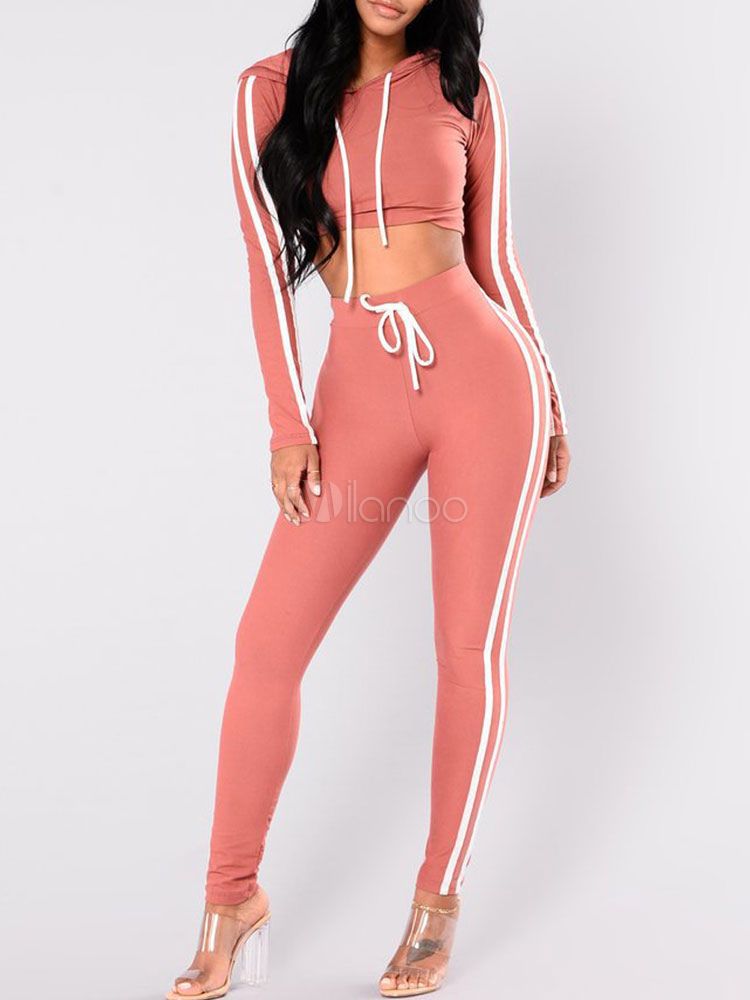 Women Tracksuit Set Long Sleeve Drawstring Striped Cropped Hoodie With Skinny Pants | Milanoo