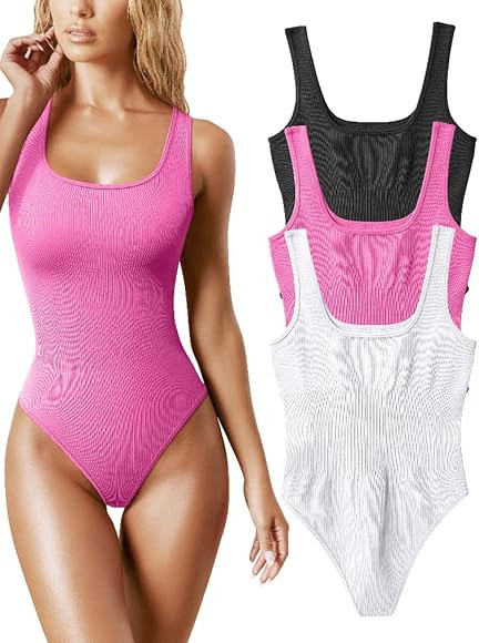 OQQ Women's 3 Piece Bodysuits Sexy Ribbed Sleeveless Square Neck Sleeveless Tank Tops Bodysuits | Amazon (US)