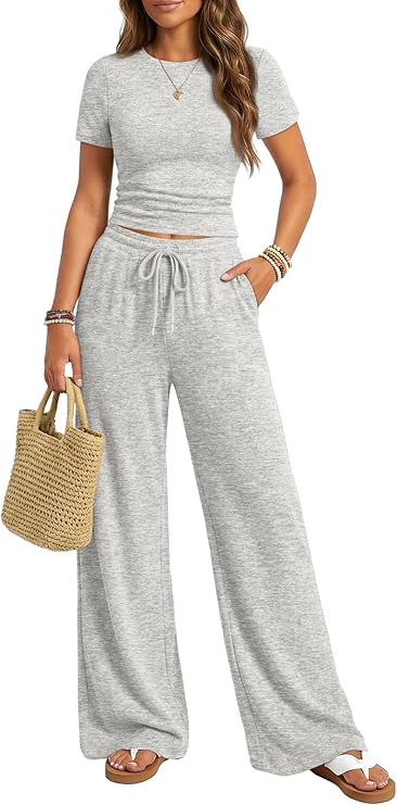 Trendy Queen Womens 2 Piece Lounge Matching Sets Wide Leg Pants Crew Neck Short Sleeve Shirt Swea... | Amazon (US)