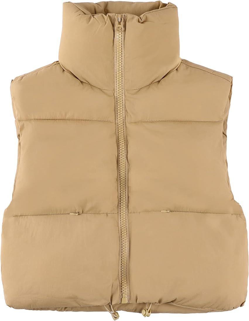 Amazon.com: UANEO Womens Zip Up Stand Collar Sleeveless Padded Cropped Puffer Vest (Khaki, Small)... | Amazon (US)