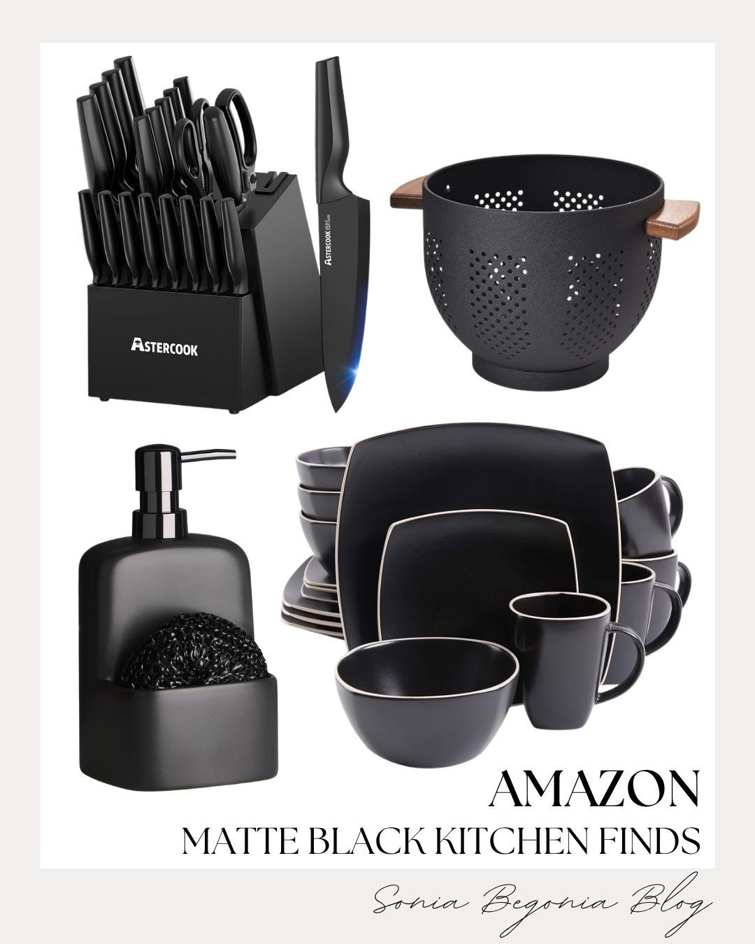 Elevate your countertop aesthetic with these chic matte black kitchen essentials! 🖤
I styled a sleek Aster-cook knife set alongside a modern colander, matching dish soap dispenser, and a full matte dinnerware set.

These stylish finds effortlessly blend sleek design with daily functionality, giving your home an instant modern upgrade. ✨

#AmazonHome #KitchenFinds #MatteBlack #KitchenOrganization #ModernHome #LTKhome #AmazonFinds #HomeDecor

#LTKHome