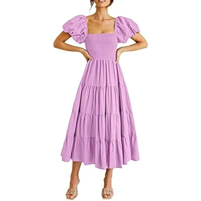 PRETTYGARDEN Women's Casual Summer Midi Dress Puffy Short Sleeve Square Neck Smocked Ti… | Amazon (US)