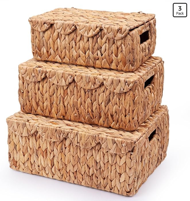 3 Pcs Large Wicker Storage Baskets with Lids 16" 14" 12" Scalloped Wicker Edge Basket Rattan Stor... | Amazon (US)