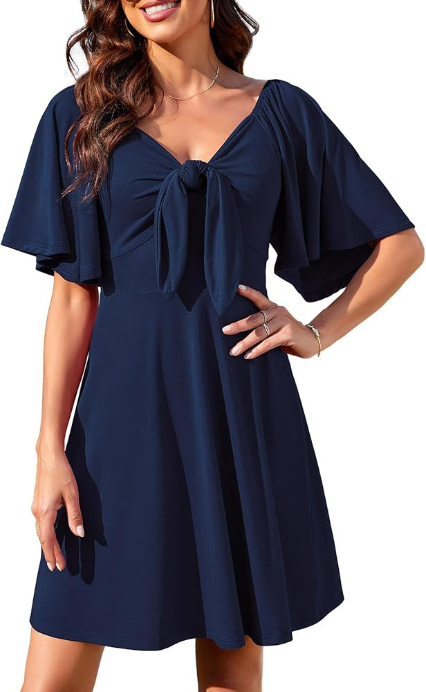 Women's Dress Deep V-Neck Elegant Bow tie Short Sleeve Mini Swing Loose Dresses | Amazon (US)