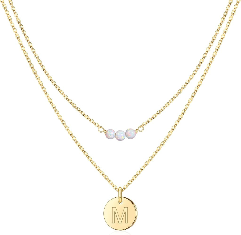 MONOOC Layered Initial Necklaces for Women, 14K Solid Gold Over Opal Necklace Round Disc Initial ... | Amazon (US)