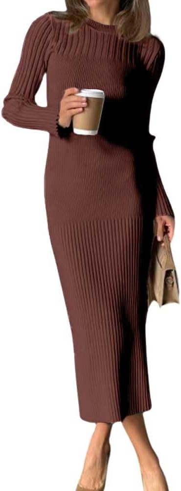 chouyatou Women's 2026 Fall Winter Sweater Dresses Crewneck Long Sleeve Rib Knit Midi Long Bodycon Dress | Amazon (US)