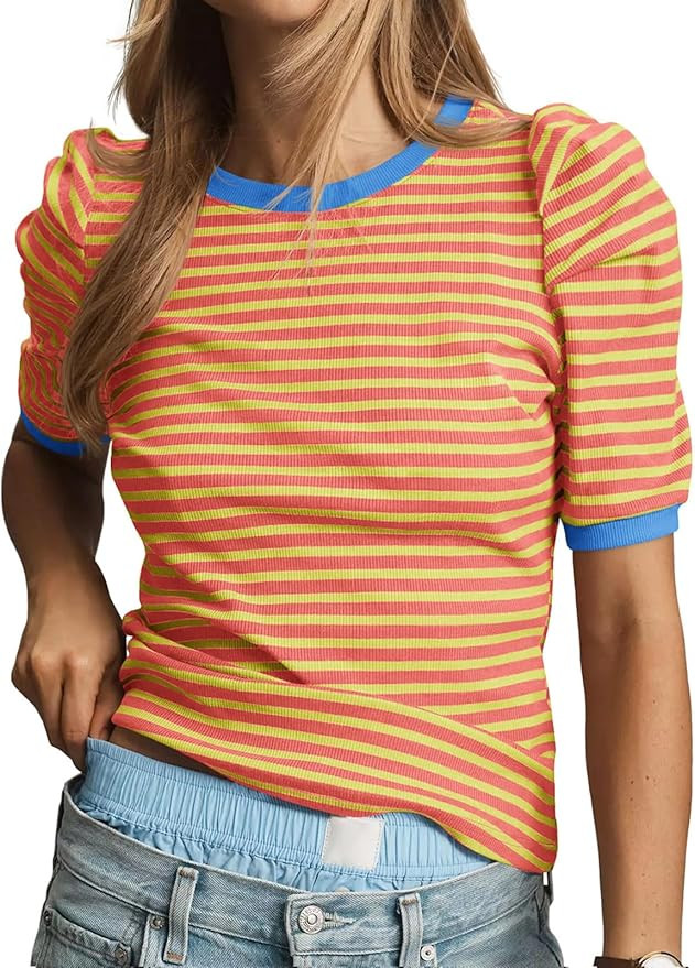 Tankaneo Womens Short Puff Sleeve Tops Trendy Striped Color Block T Shirts Crewneck Casual Shirts | Amazon (US)
