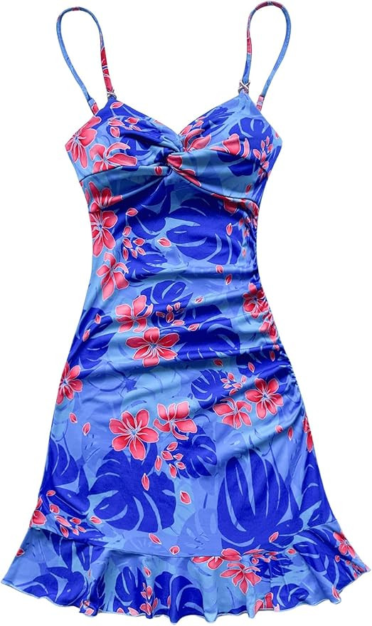 Floerns Women's Summer Tropical Twist Front Ruched Ruffle Hem Bodycon Cami Dress | Amazon (US)