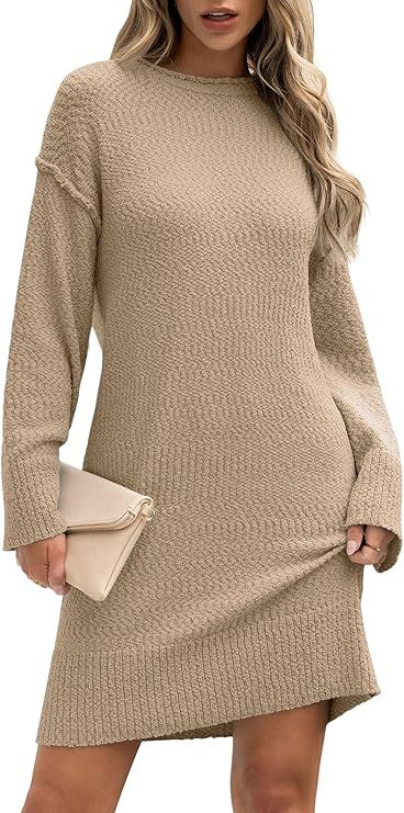 ANRABESS Women's 2024 Fall Long Sleeve Crewneck Sweater Dress Casual Oversized Loose Knee Length ... | Amazon (US)