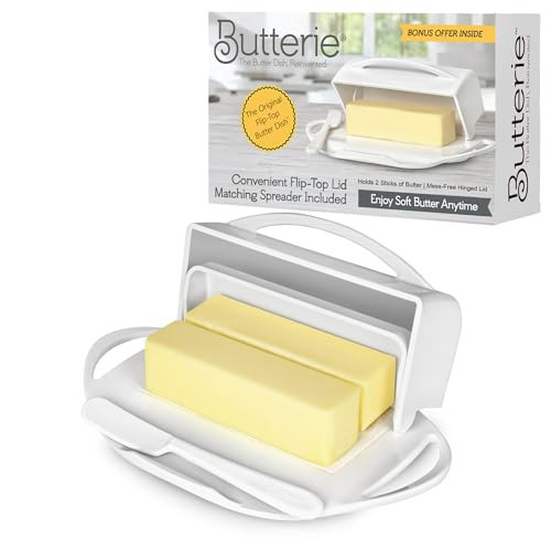 Butterie Flip Top Butter Dish with Attached Lid & Matching Knife - Holds 2 Sticks, Fits Kerrygold/European Butter - BPA Free & Dishwasher Safe - White | Amazon (US)