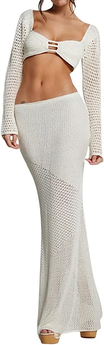 Knit Sets Two Piece Skirt Outfits for Women Hollow Out Long Sleeve Crop Top Bodycon Maxi Dress 2 Pie | Amazon (US)