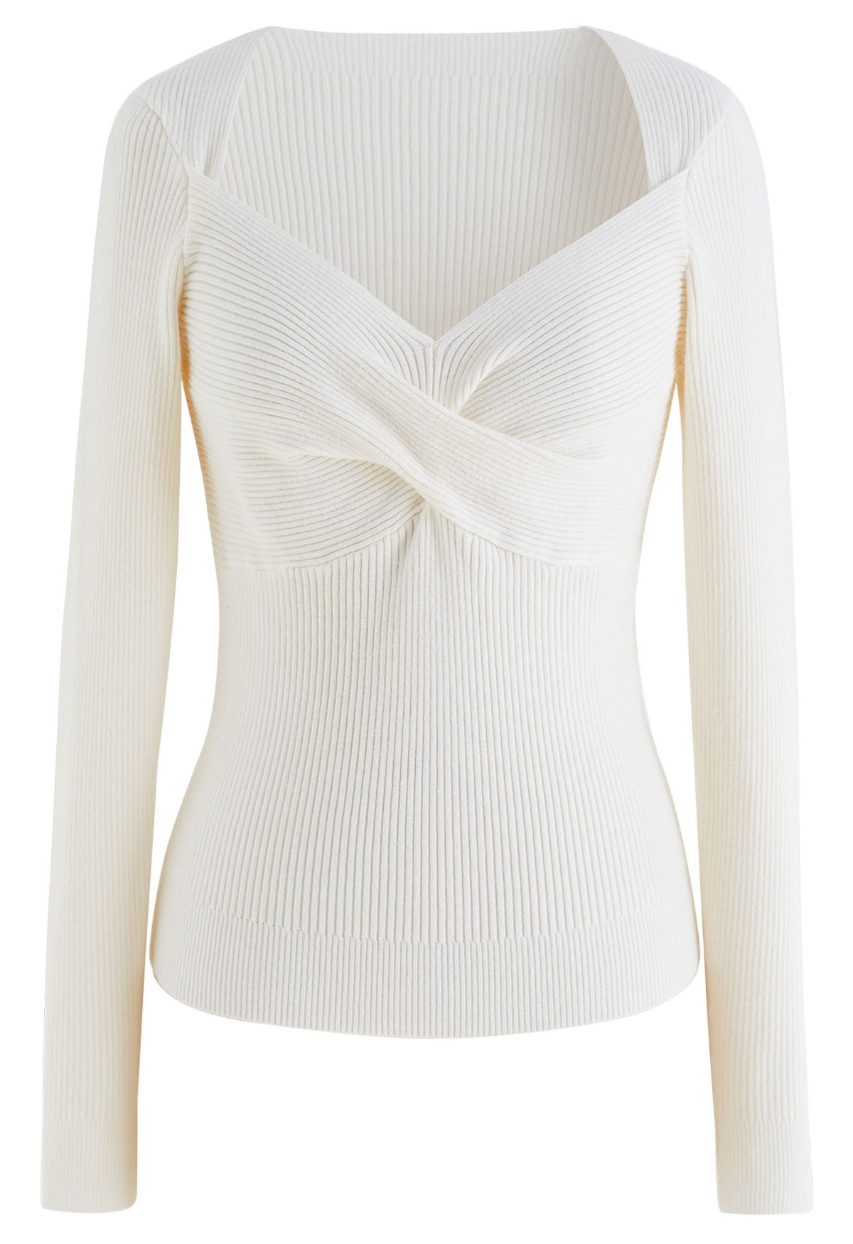 Sweetheart Twist Front Ribbed Knit Top in White | Chicwish