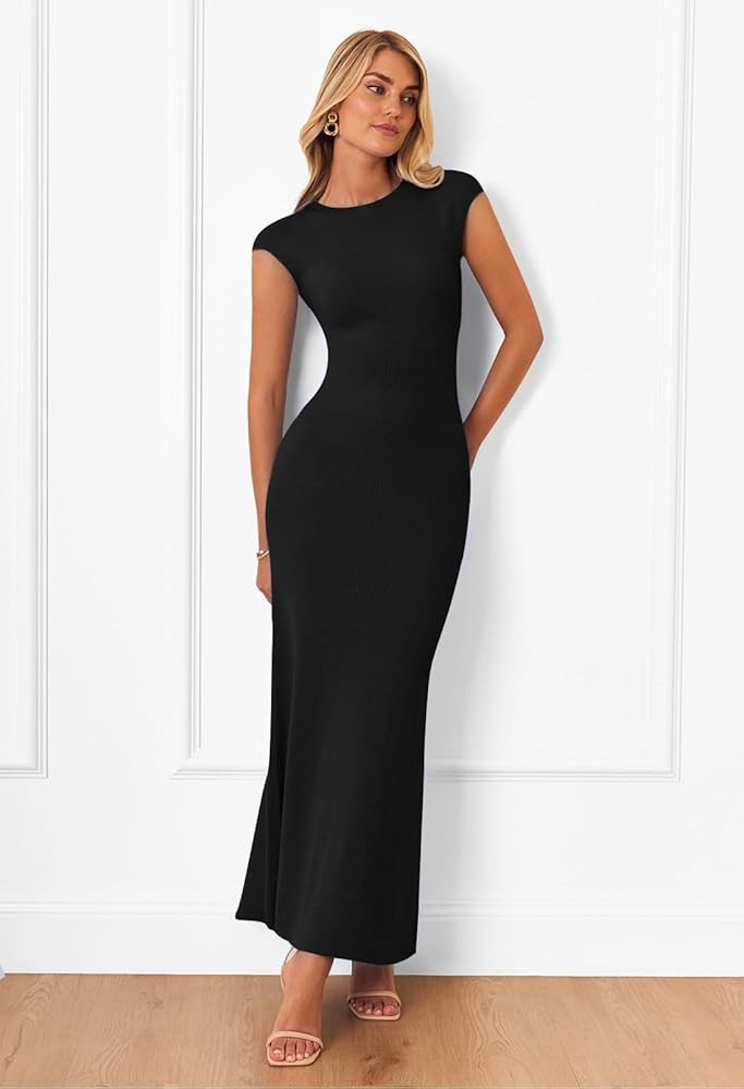 MEROKEETY Women's Cap Sleeve Rib Knit Maxi Dress Crew Neck Slim Fit Bodycon Summer Sweater Dresse... | Amazon (US)