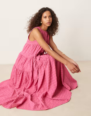 Ghospell textured ruched midi dress in fuchsia pink | ASOS (Global)