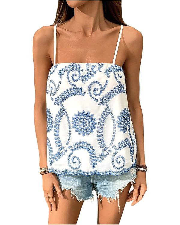 Milumia Women's Boho Floral Print Cami Top Spaghetti Strap Backless Summer Camisoles | Amazon (US)