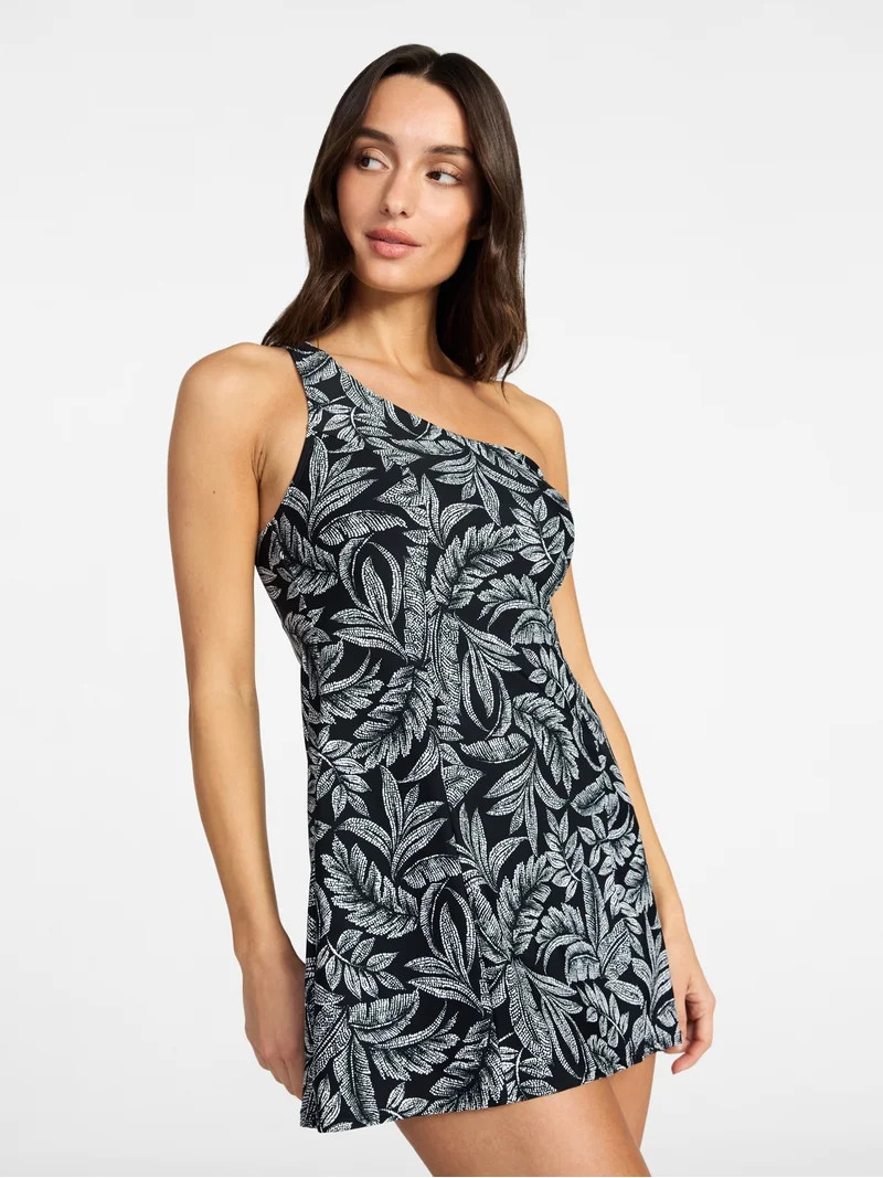 Time and Tru Women's and Women's Plus Size One Shoulder Swim Dress, Sizes XS-3X | Walmart (US)
