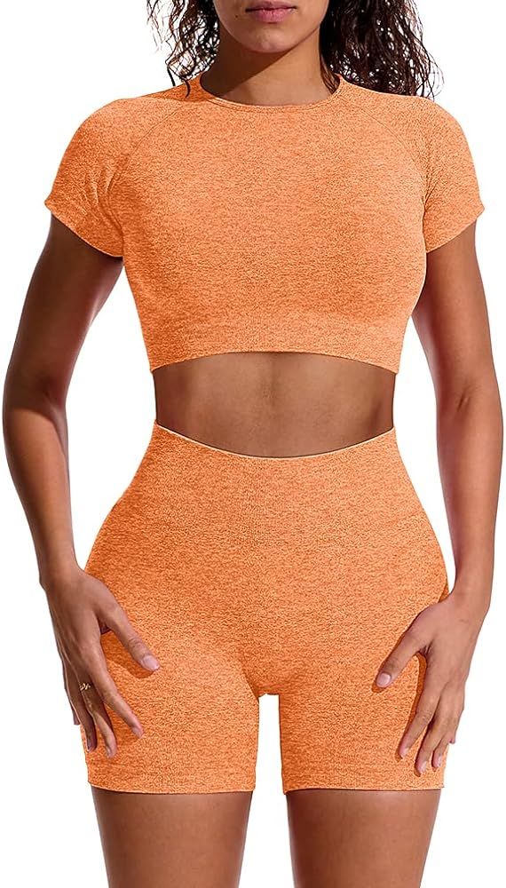 GXIN Women Workout 2 Piece Outfit Yoga Stretch Top Set High Waist Sport Shorts | Amazon (US)