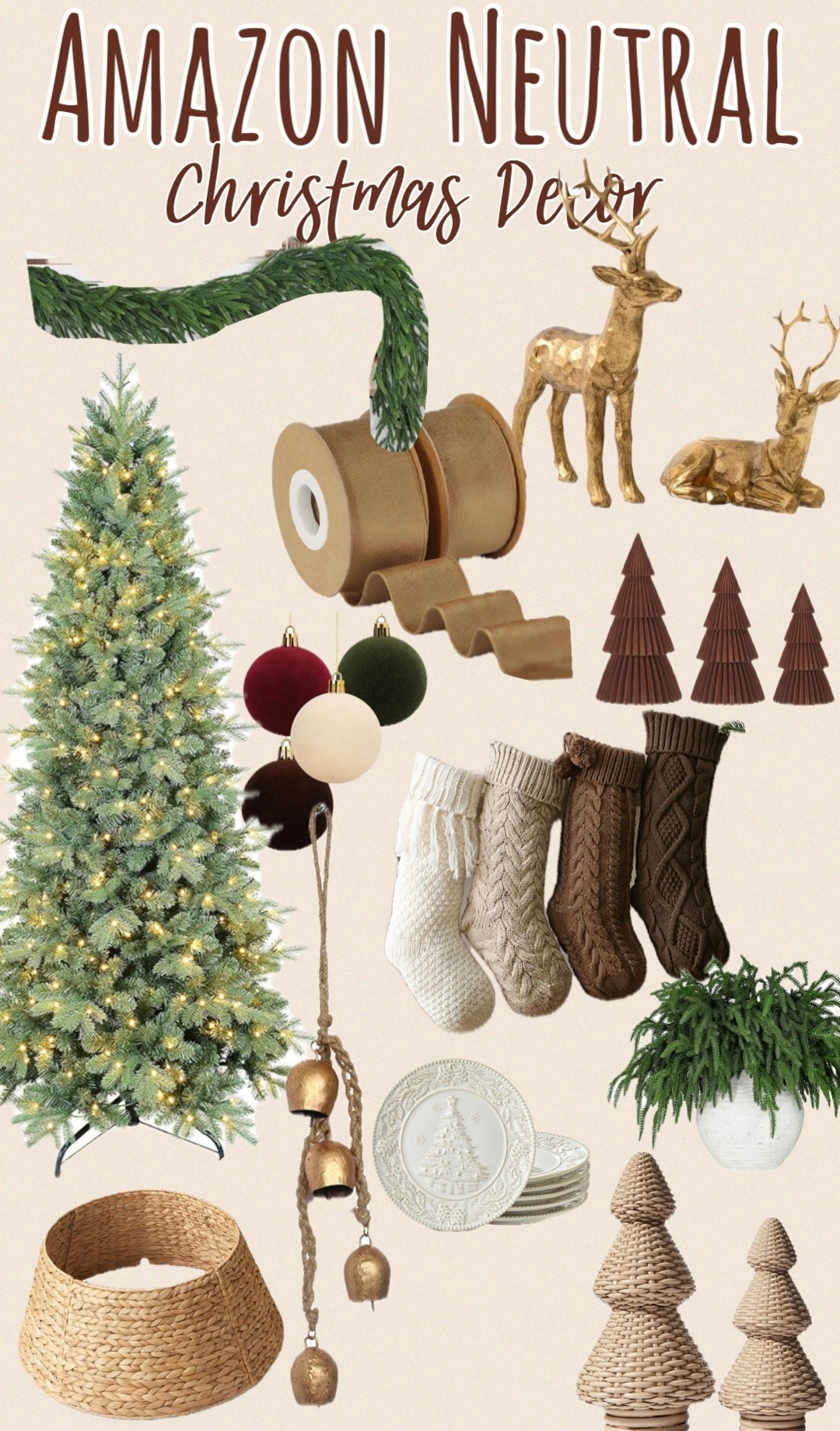 Amazon neutral Christmas decor!! 🤎 Gold bells, brown Christmas, gold deer, tree collar, velvet ribbon, flocked ornaments 

#LTKHoliday #LTKSeasonal